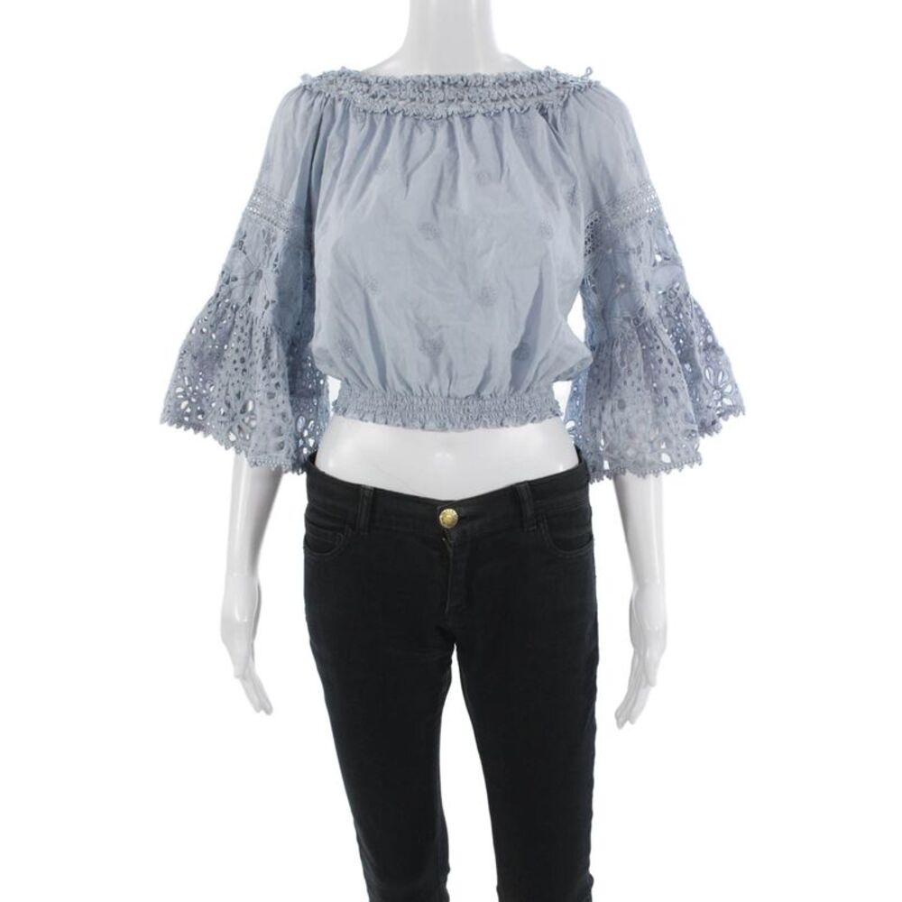 Temptation Positano Women Cropped Silk Blouse Light Blue 3/4 Sleeve Size XS